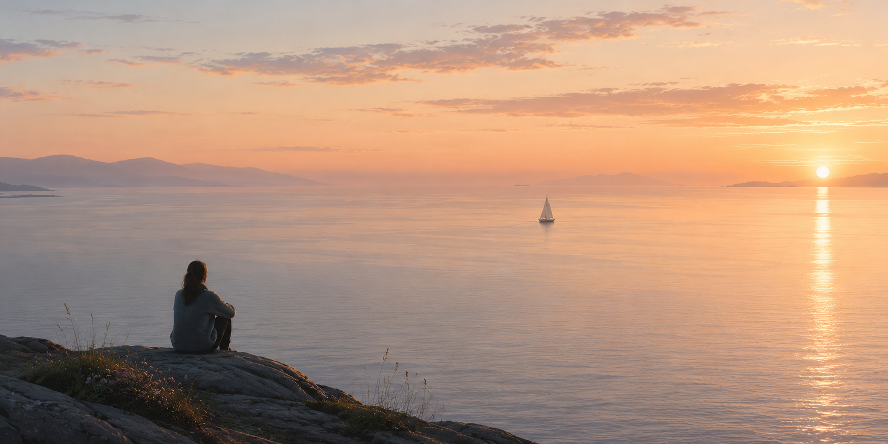 Bön för idag Kvinna sitter på klippa vid havet och ser ut över gryningen