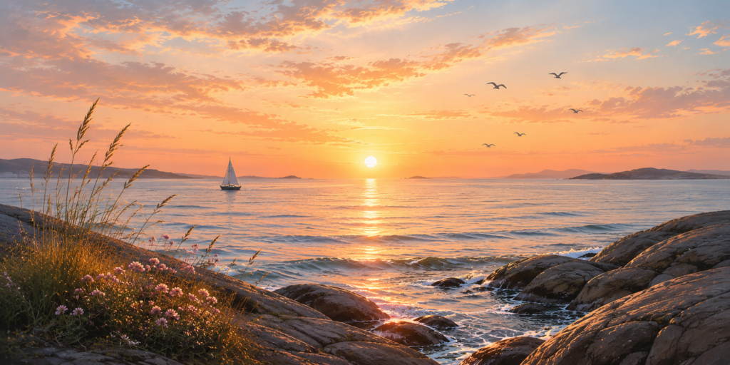 Soluppgång över havet med klippor i förgrunden. Frid.